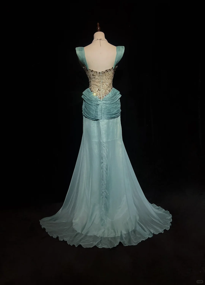 Retro Gorgeous A Line Straps Pleated Beaded Blue Satin Prom Dress Evening Dress SH3328