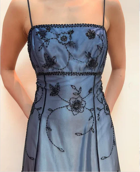 Gorgeous Spaghetti Straps Blue Tulle Beaded Mermaid Eevening Dress Long Birthday Party Gown D1695