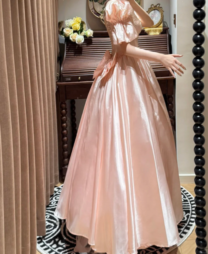 Cute Pink Ball Gown Satin Beaded Long Party Dress Prom Gown With Bow D2041