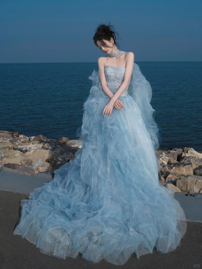 Gorgeous A Line Strapless Beaded Blue Tulle Long Party Dress Evening Dress SH2812
