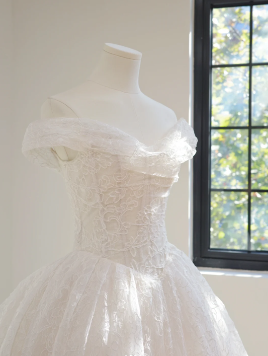 Princess Off The Shoulder White Lace Bridal Gown Long Wedding Dress D2155