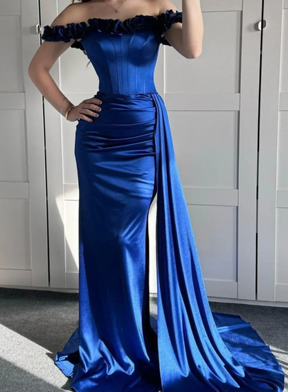 Royal Blue Mermaid Straps Corset Pleated Satin Long Prom Dress Evening Dress SH3544