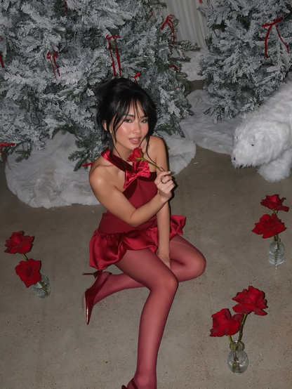 Burgundy A Line Halter Bow Velvet Satin Open Back Short Homecoming Dress Outfits SH4802