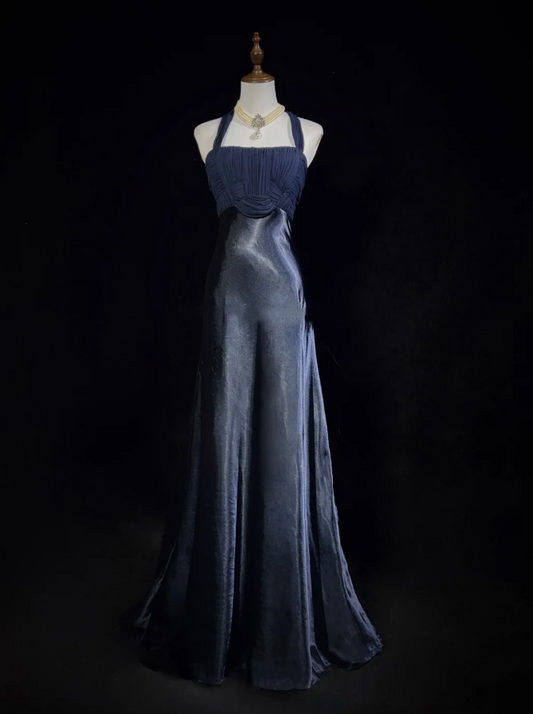 Classy Halter Navy Blue Satin Mermaid Long Wedding Guest Dress Party Dress Prom Gown SP1280