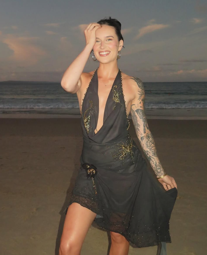 Sexy Black Sheath Halter Pleated Beaded Chiffon Vacation Dress Outfits SH3894