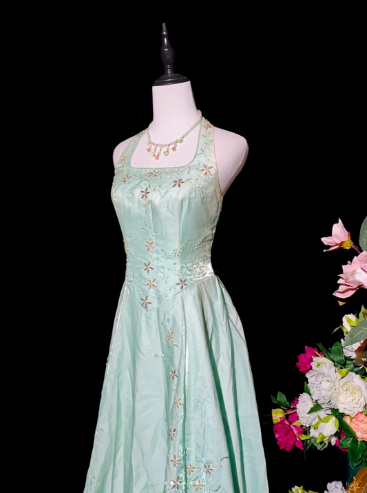 Chic Mint Green Halter Satin Tulle Embroidery Beaded Long Party Dress Evening Gown D2364