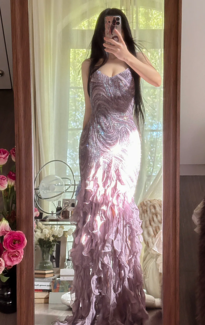 Vintage Purple Spaghetti Straps Chiffon Beaded Ruffles Mermaid Long Party Dress Birthday Prom Dress D2306