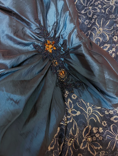 Vintage Navy Blue Strapless Satin Lace Beaded Mermaid Long Evening Dress Birthday Party Gown D21120
