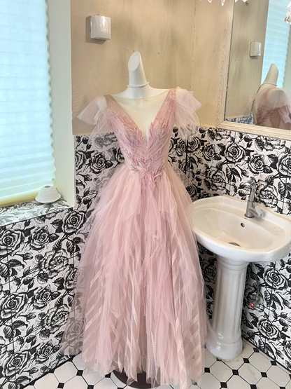 Classic Pink A Line V Neck Beaded Tulle Long Party Dress Prom Dress Formal Dress SH3850