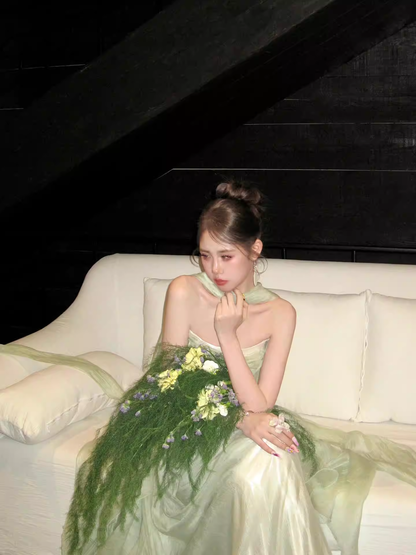 Pretty Green Strapless Tulle Long Evening Dress Birthday Prom Dress With Ribbon SP2026