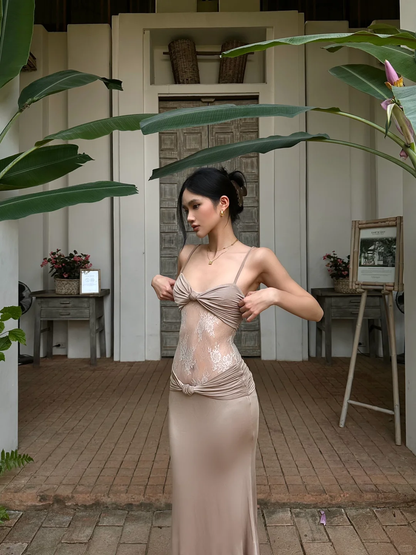 Sexy Sheath Spaghetti Strap Brown Lace Satin Prom Dress Evening Dress Formal Gown SH3922