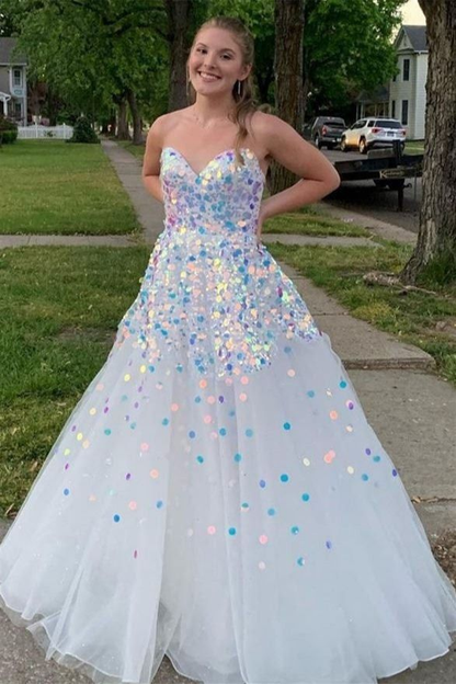 Sparkly White Sequined Tulle Long Prom Dress Evening Dress SH977