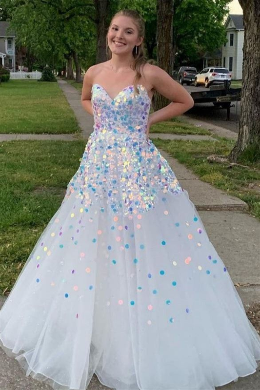 Sparkly White Sequined Tulle Long Prom Dress Evening Dress SH977
