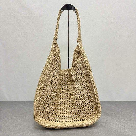 Miu Miu Woven Fabric Hobo Bag 44cm Beige Mix Cognac