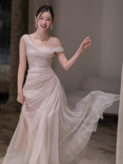 Flowy A Line Off the Shoulder Pleated Tulle Prom Dress Evening Dress SH4213