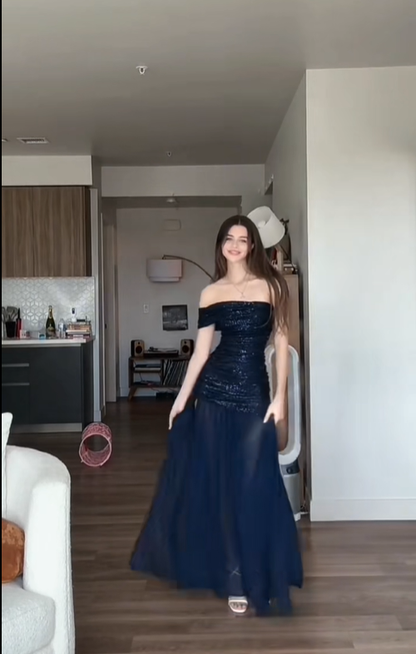 Navy Blue A Line One Shoulder Sequin Chiffon Wedding Bridesmaid Dress Prom Dress SH4962