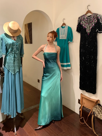 Simple A Line Halter Ombre Blue Satin Open Back Prom Dress Evening Dress SH2974