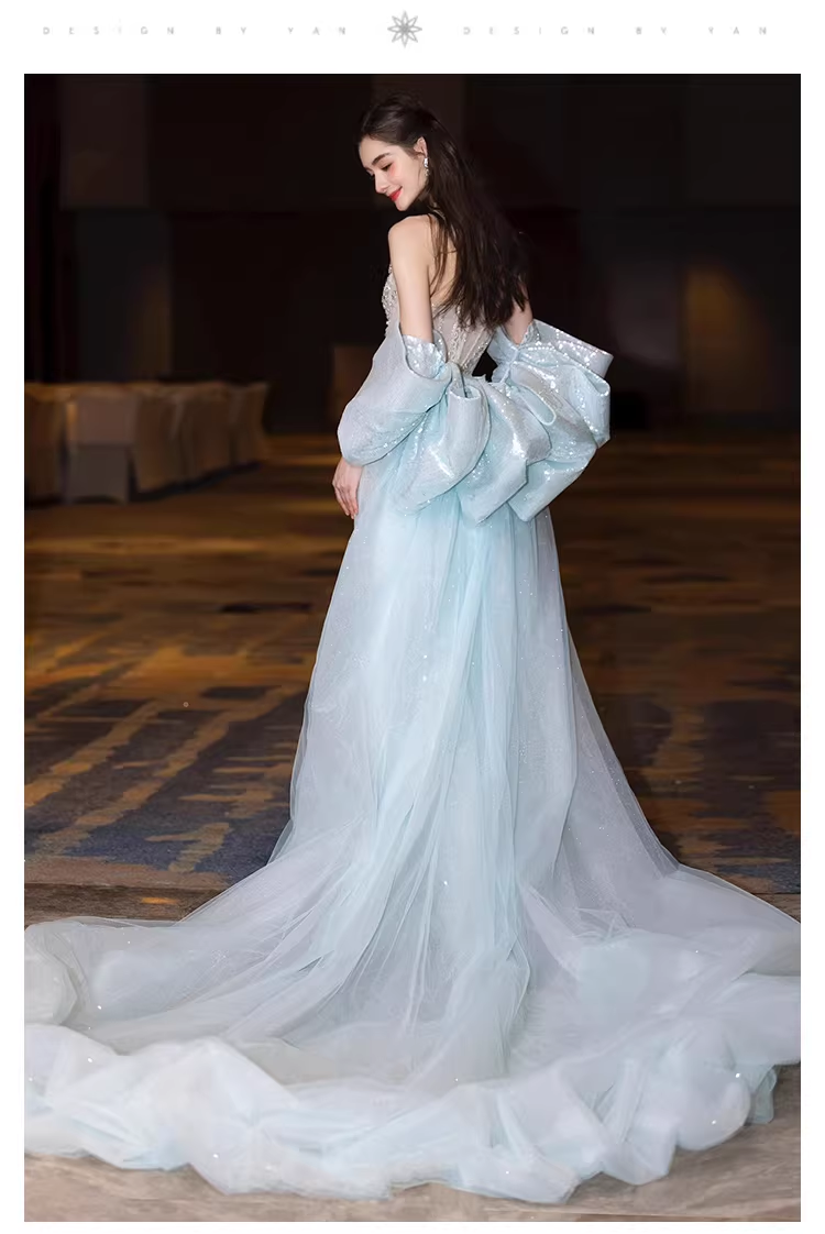 Glamorous Blue Strapless Tulle Sequin Beaded Mermaid Long Evening Dress Prom Dress D2216