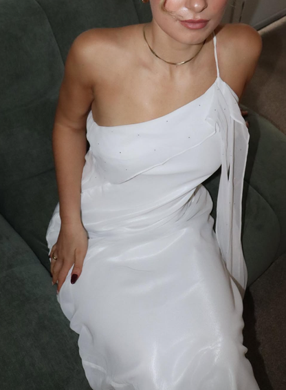 Elegant Sheath One Shoulder White Chiffon Long Prom Dress Evening Dress SH2340
