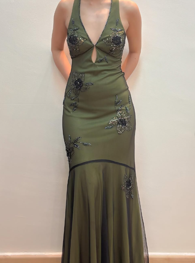 Vintage Mermaid V Neck Beaded Green Chiffon Satin Prom Dress Evening Dress SH2119