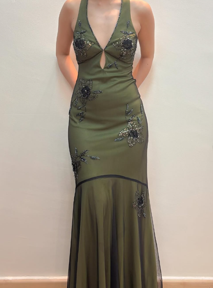 Vintage Mermaid V Neck Beaded Green Chiffon Satin Prom Dress Evening Dress SH2119