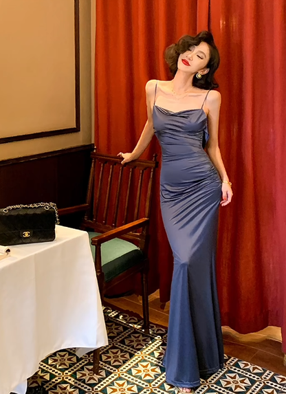 Simple Blue Mermaid Spaghetti Strap Satin Long Prom Dress Vacation Dress SH4316