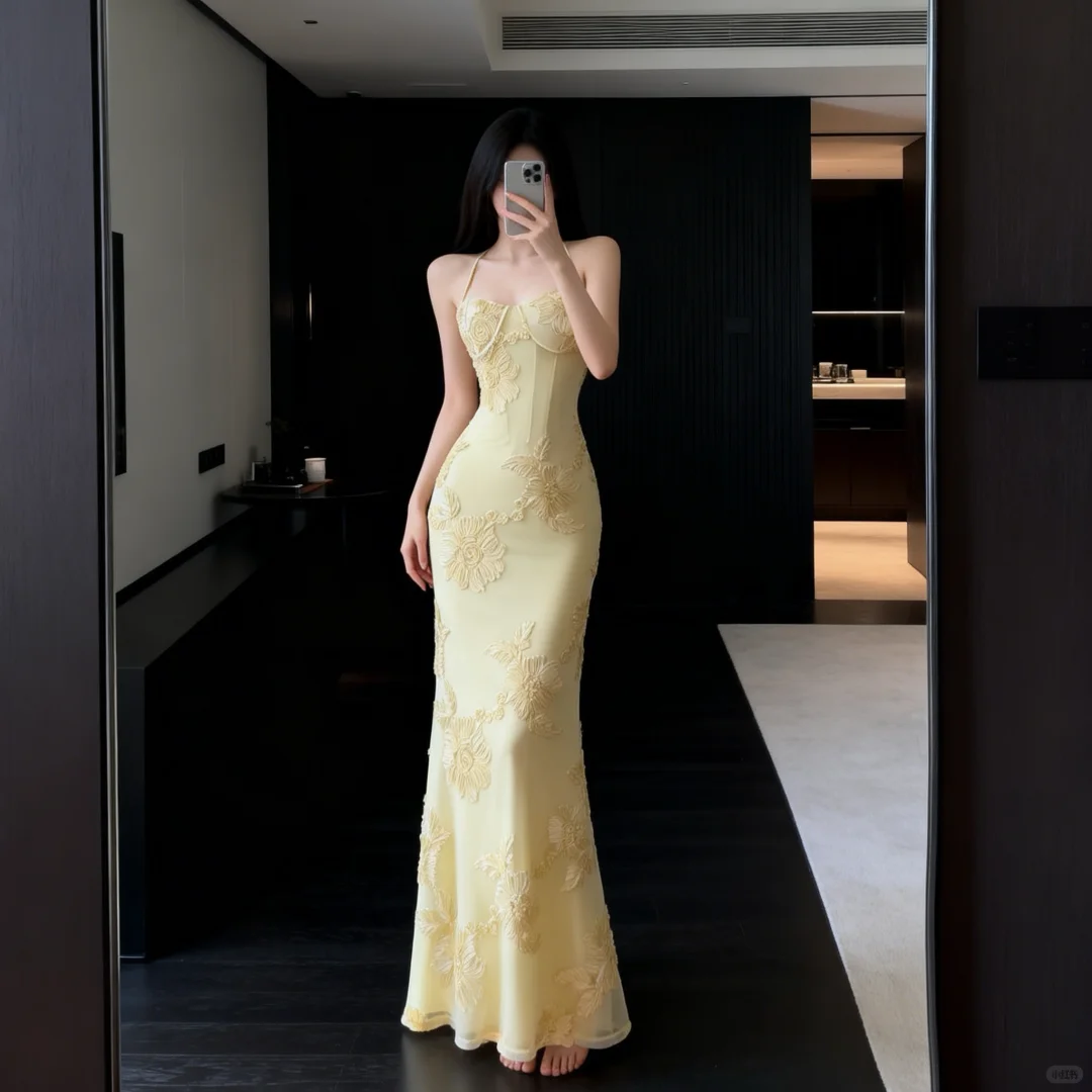 Yellow Mermaid Spaghetti Straps Appliques Tulle Satin Prom Dress Evening Dress SH5110