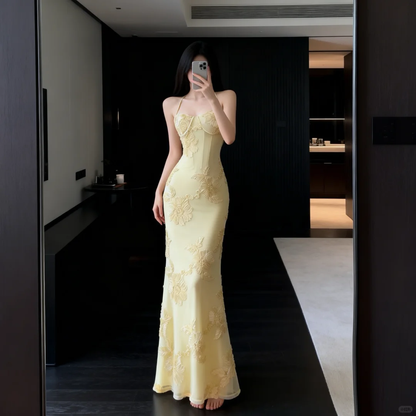 Yellow Mermaid Spaghetti Straps Appliques Tulle Satin Prom Dress Evening Dress SH5110