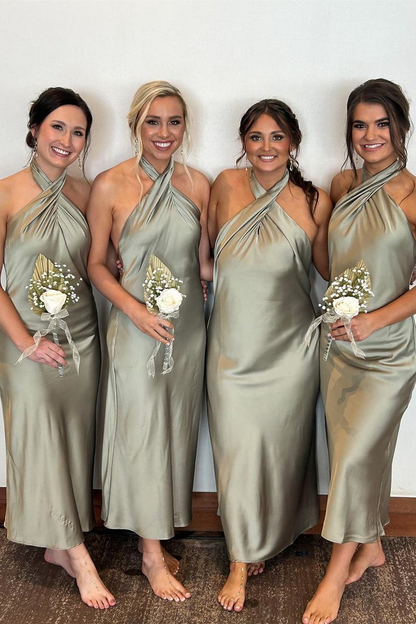 Classy Halter Champagne Backless Sheath Tea Length Bridesmaid Dress Formal Wedding Guest Dress D963