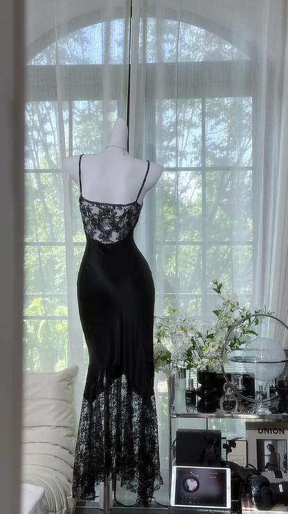 Sexy Black Spaghetti Straps Satin Beaded Lace Mermaid Long Prom Dress Party Dress D1175