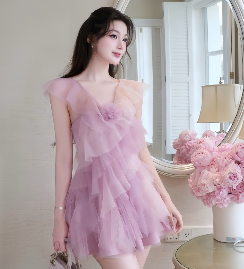 Romantic Purple A Line V Neck Layered Tulle Short Homecoming Dress Cocktail Dress SH3300