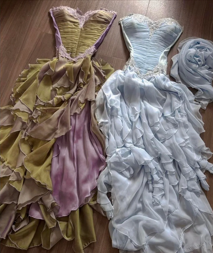 Baby Blue Dreamy A Line Sweetheart Neck Lace Ruffle Chiffon Evening Dress Party Dress SH3425