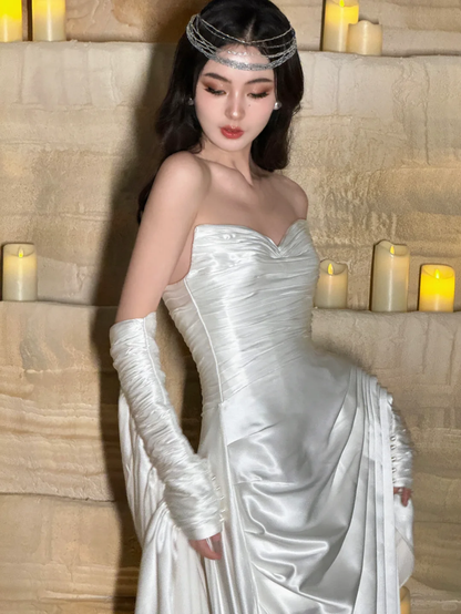 Charming A Line Sweetheart Neck Pleated White Satin Long Prom Dress Evening Dress with Slit SH2997