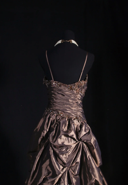 Retro Spaghetti Straps Brown Satin Pleated Beaded Long Party Dress Birthday Dress D2226