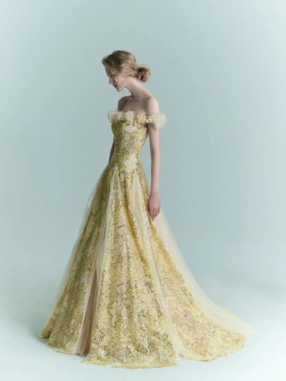 Yellow A Line Off the Shoulder Floral Sequin Tulle Prom Dress Evening Dress SH4225