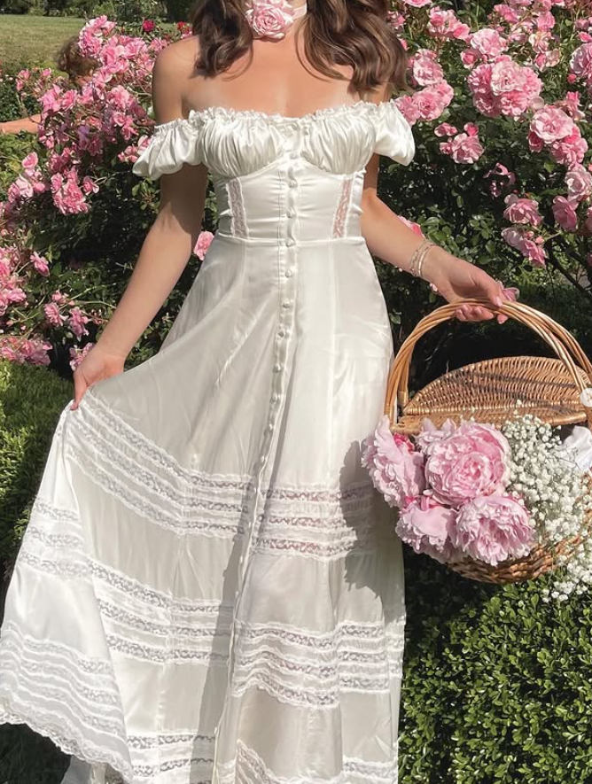 Simple A Line Off the Shoulder White Lace Satin Prom Dress Evening Dress SH4876
