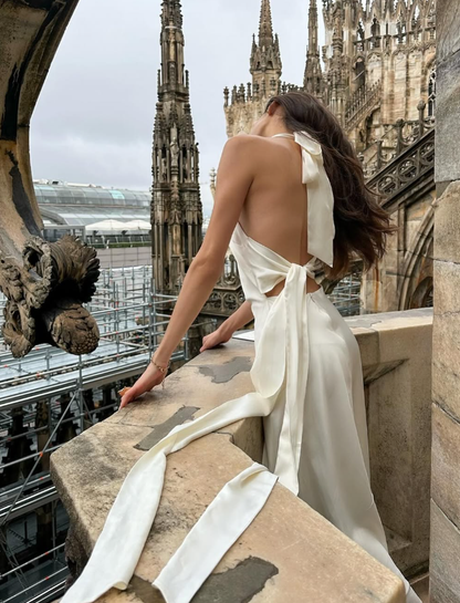 White A Line Halter Satin Open Back Long Wedding Guest Dress Party Dress with Slit SH3312
