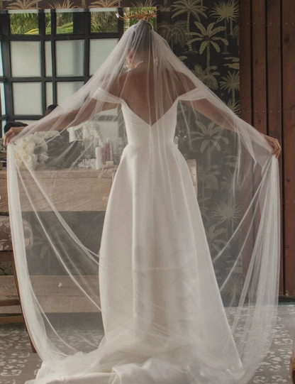 Simple A Line Off the Shoulder Classy White Satin Long Wedding Dress SH4852