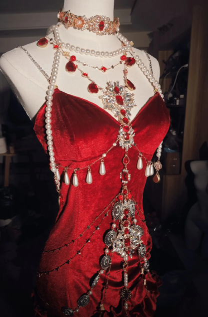 Burgundy Exquisite Mermaid Spaghetti Strap Beaded Velvet Long Party Dress Cocktail Dress(No accessories) SH3593