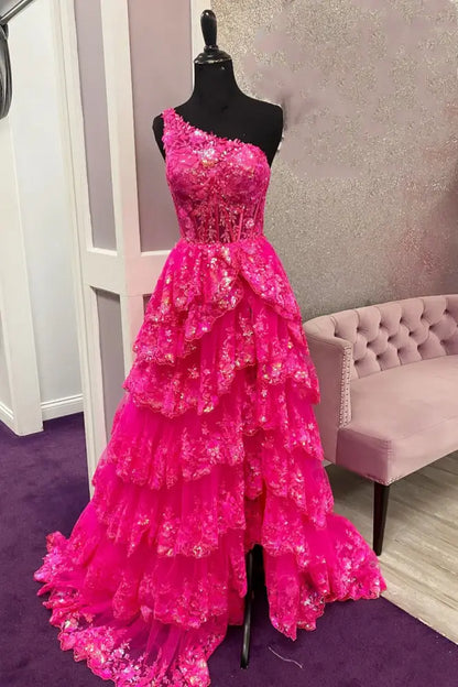 One Shoulder Sleeveless Empire With Train Lace Prom Dress