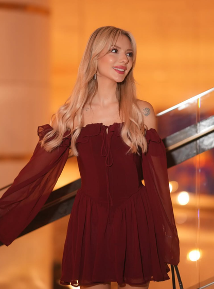 Burgundy  A Line Long Sleeve Chiffon Short Homecoming Dress Cocktail Dress SH3591