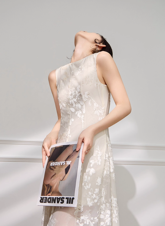 White A Line Round Neck Print Floral Chiffon Prom Dress Outfits SH4734