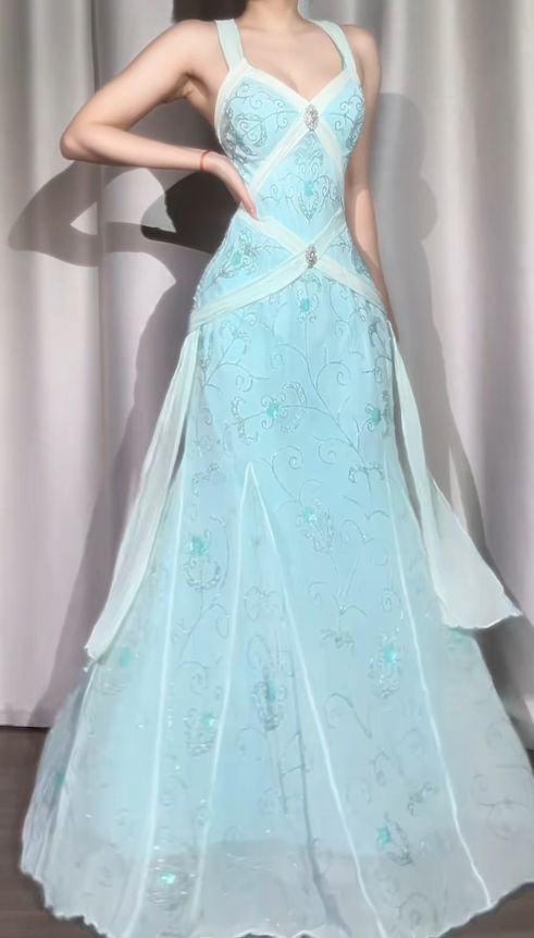 Classy Light Blue V Neck Chiffon Beaded Mermaid Long Party Dress Backless Evening Gown D1910