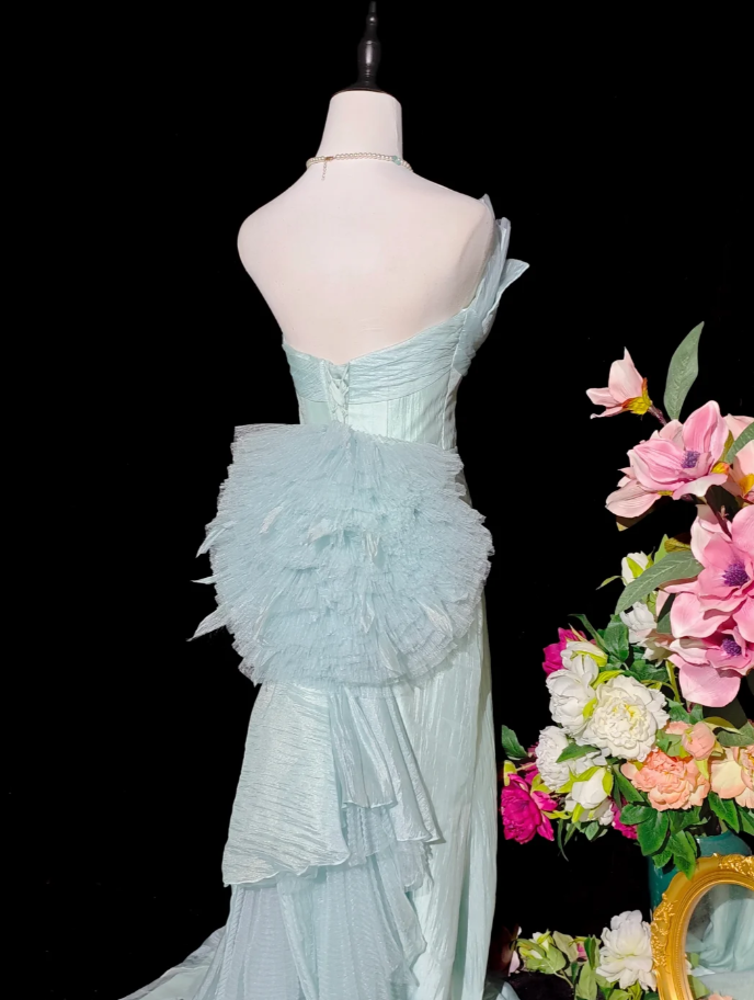 Charming Strapless Blue Tulle Mermaid Long Party Dress Birthday Prom Gown D2359