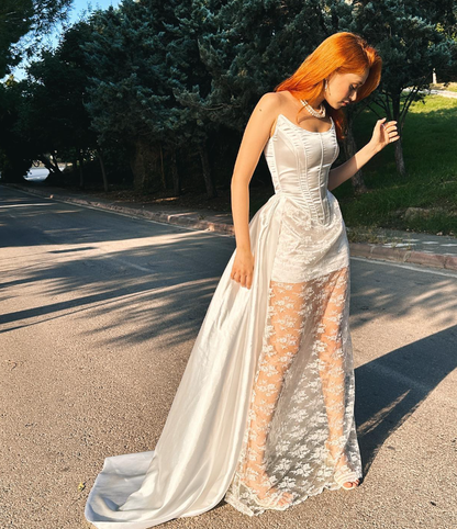 Charming A Line Strapless White Lace Satin Prom Dress Evening Dress SH2146