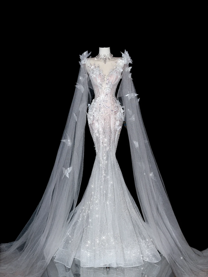 Butterfly Exquisite Flowy Mermaid Beaded Sequin White Tulle Long Prom Dress Party Dress SH3493
