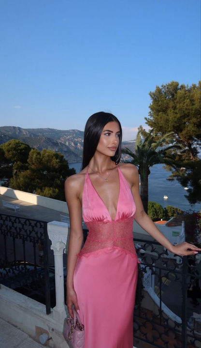 Elegant Pink Halter V Neck Satin Lace Mermaid Long Wedding Guest Dress Evening Dress D1479