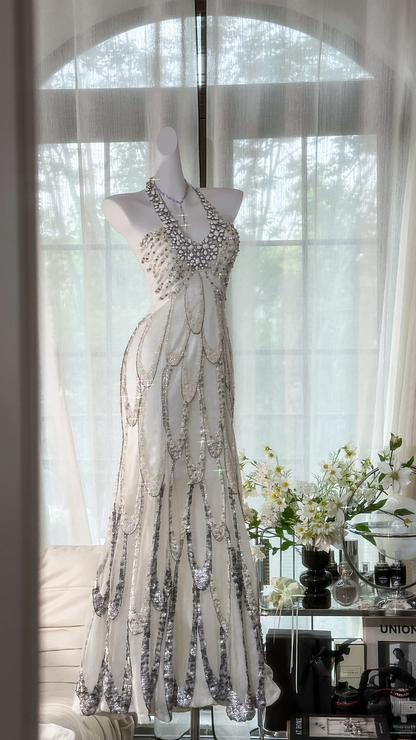 Classy Halter Chiffon Sequin Beaded Mermaid Evening Dress Long Prom Gown D1314