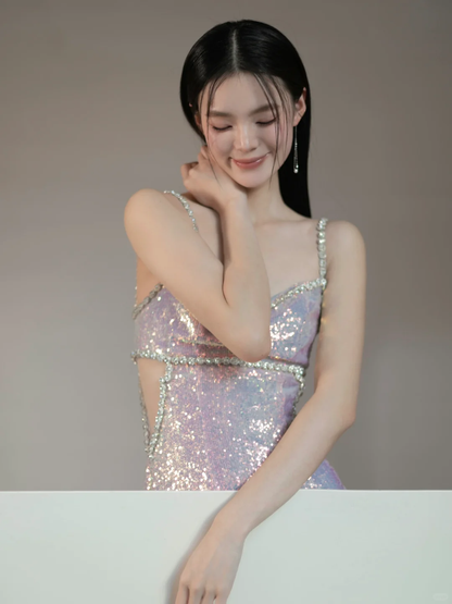 Shiny Pink Sheath Straps Rhinestone Sequin Prom Dress Evening Dress Party Dress SH4220