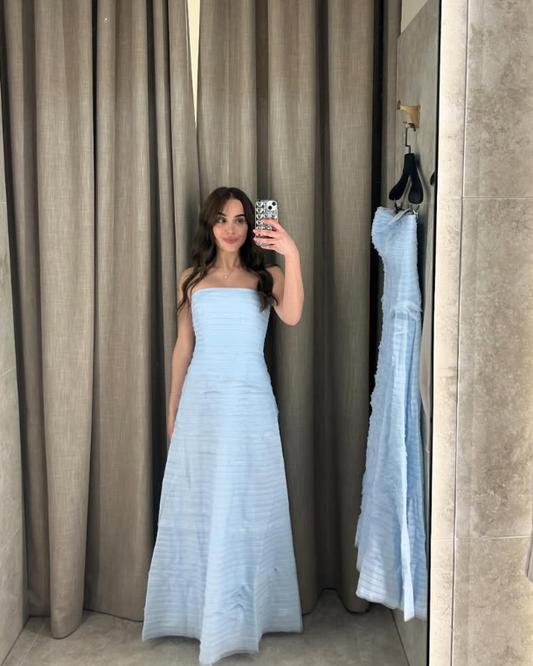 Elegant A Line Strapless Tiered Sky Blue Tulle Prom Dress Evening Dress SH1987
